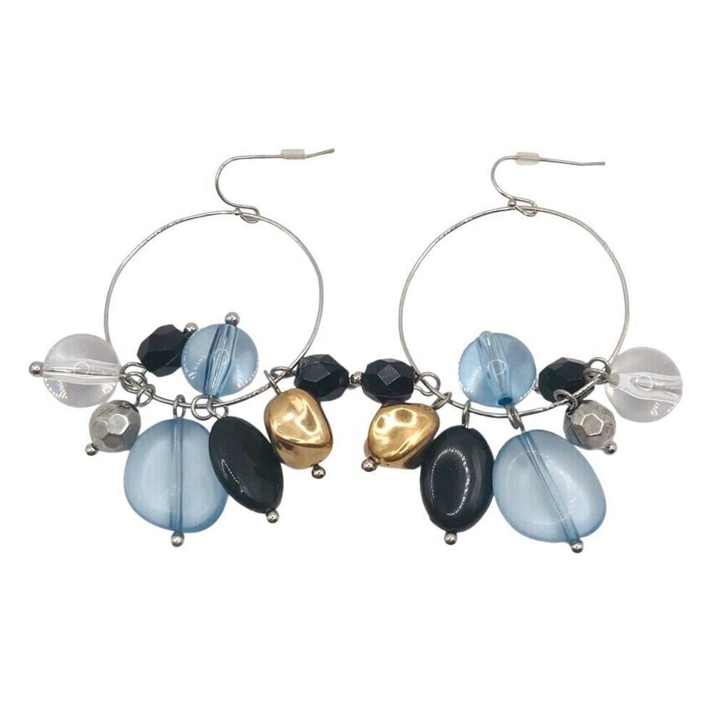 Y2K Multi-Media Cluster Hoop Earrings • Sea Blue, Glossy Black, Crinkled Gold